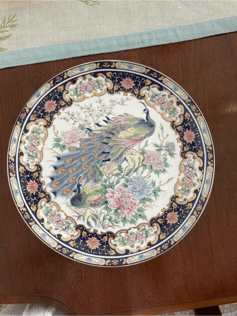 Vintage TOYO Porcelain Decorative Plate with Peacock Motif - Blue, Pink, Green